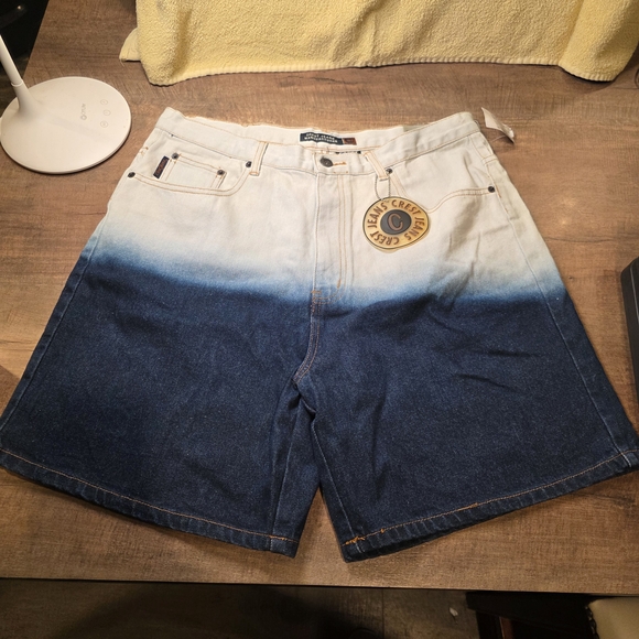 Crest Pants - Unique Vintage Y2K Crest Blue and White Ombre Jean Shorts